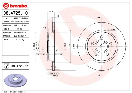 

Тормозной диск brembo комплект 1 шт. 08A72510