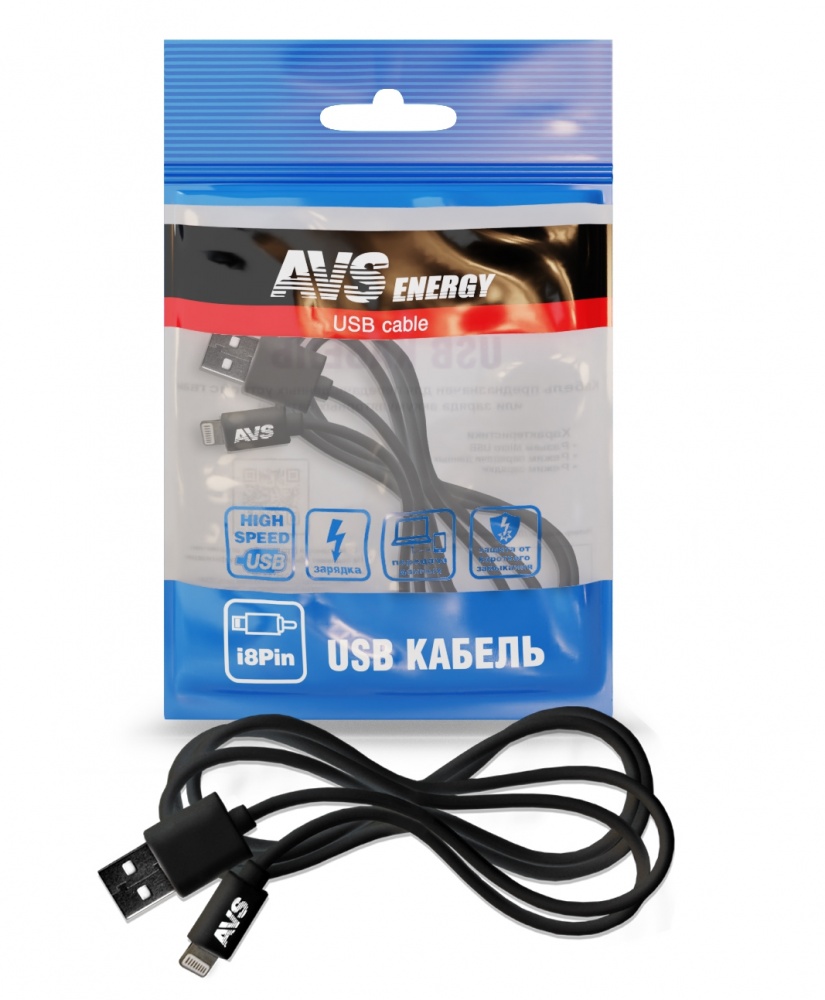 фото Кабель avs ip-511 usb - lightning 8 pin iphone5/6/7/8, 1 м, черный