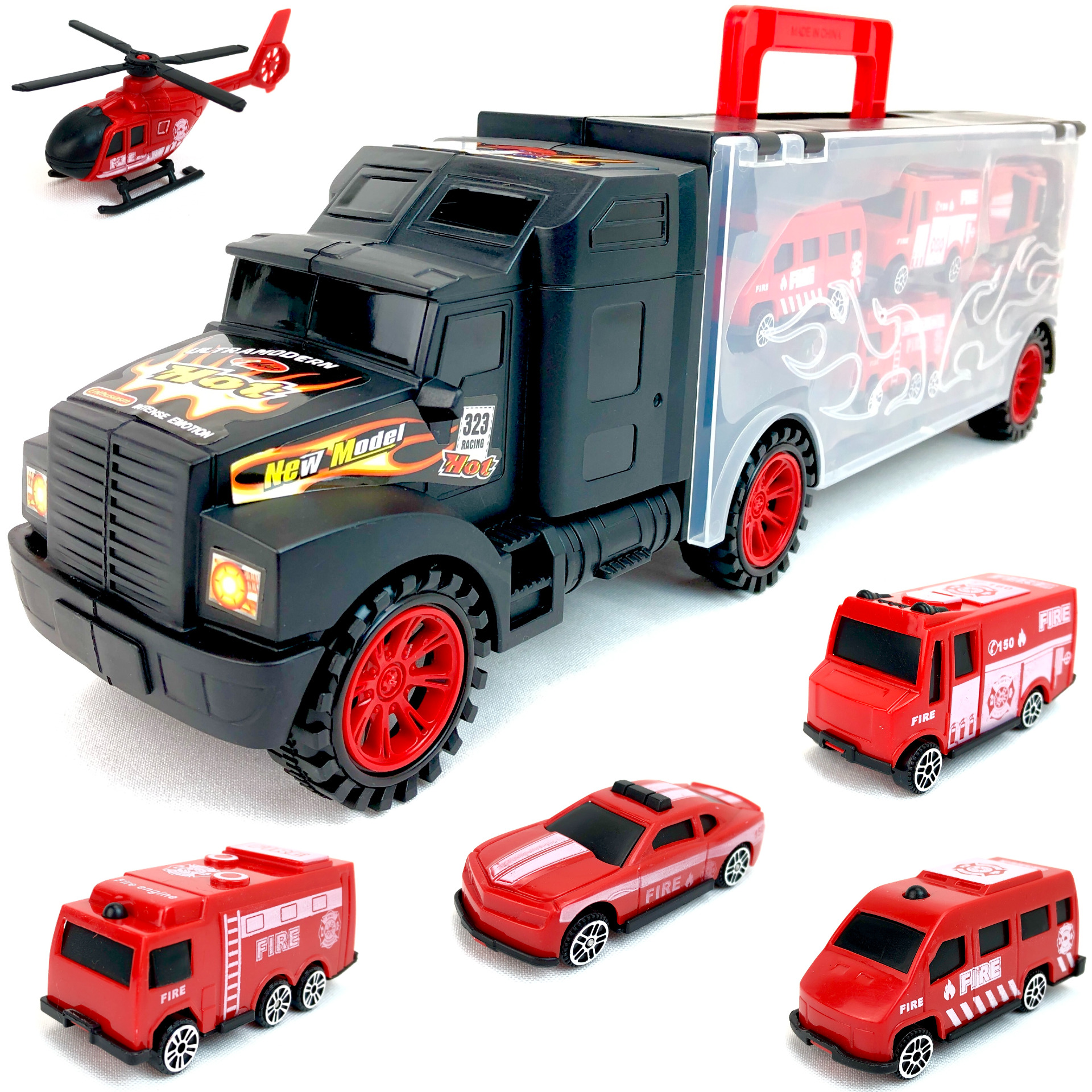 Трейлер-гараж PLAYSMART с набором пожарных машинок и вертолетом, автовоз 678-1, 40х12х9 см