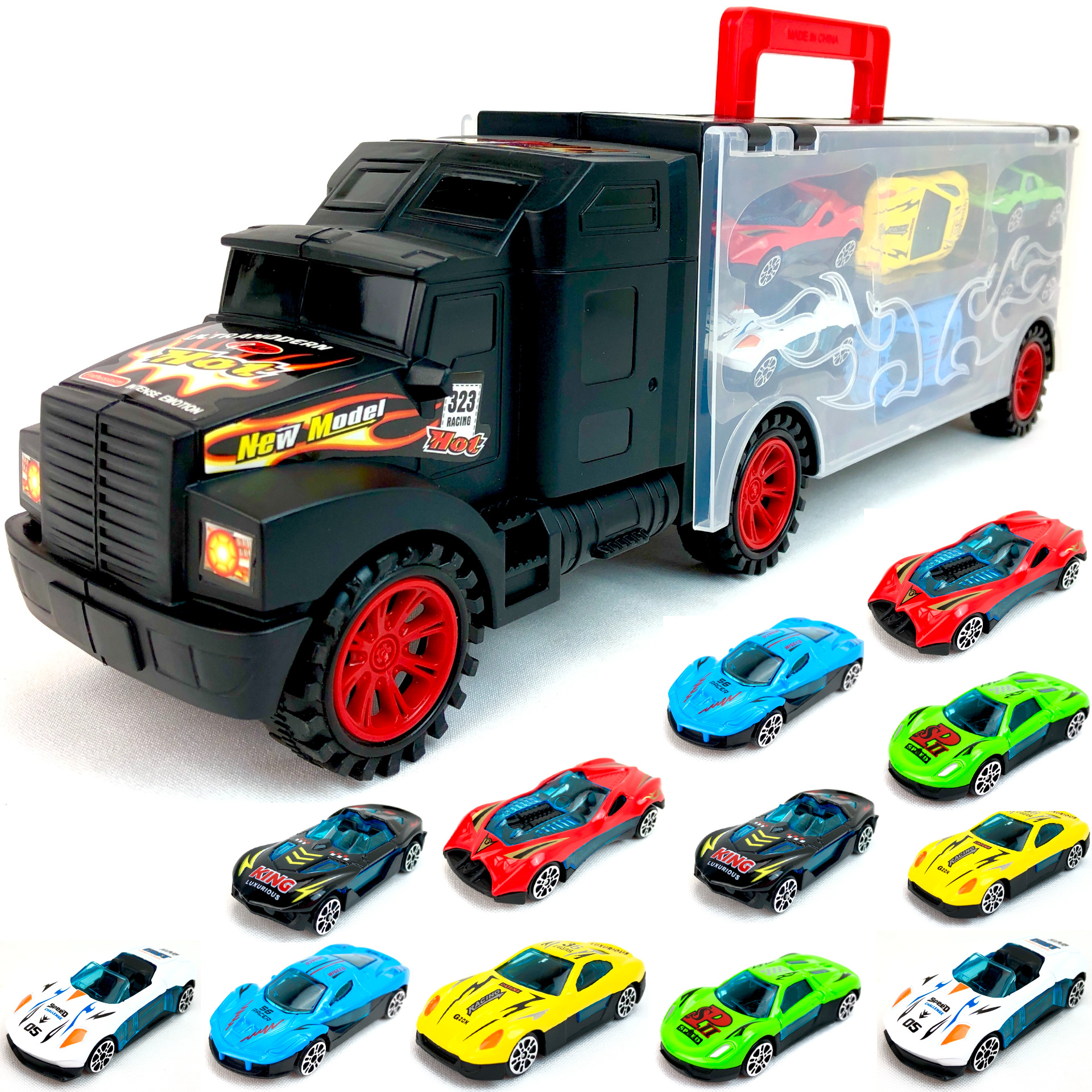 фото Трейлер-гараж playsmart с набором металлических машинок, автовоз, 678-7, 40х12х9 см