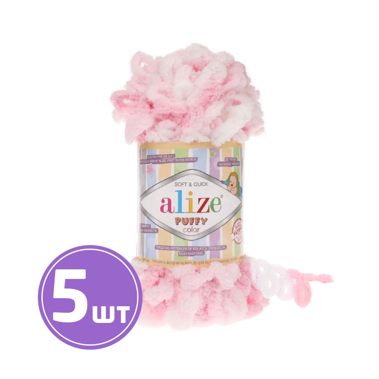 

Пряжа ALIZE Puffy color (5863), розово-белый, 5 шт. по 100 г, Розовый