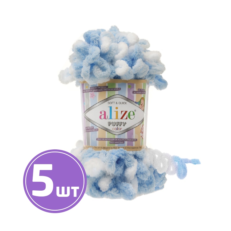 

Пряжа ALIZE Puffy color (5863), бело-голубой, 5 шт. по 100 г