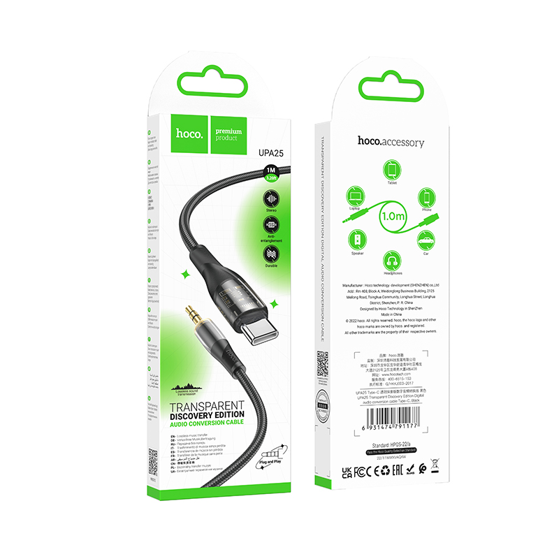 

Кабель AUX Jack 3.5mm-Type-C HOCO UPA25, нейлоновый, черный, UPA25