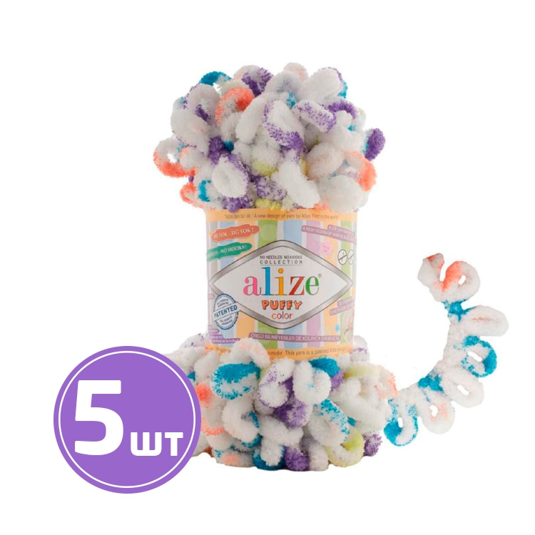

Пряжа ALIZE Puffy color (7539), белый-радуга, 5 шт. по 100 г