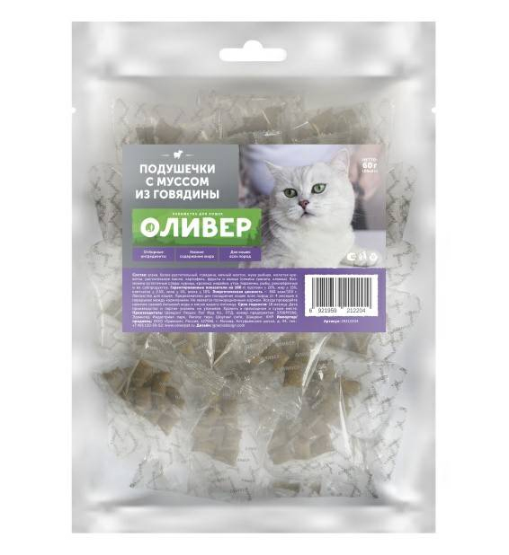 

Лакомство для кошек Оливер подушечки с муссом из говядины, 20 шт x 3 г