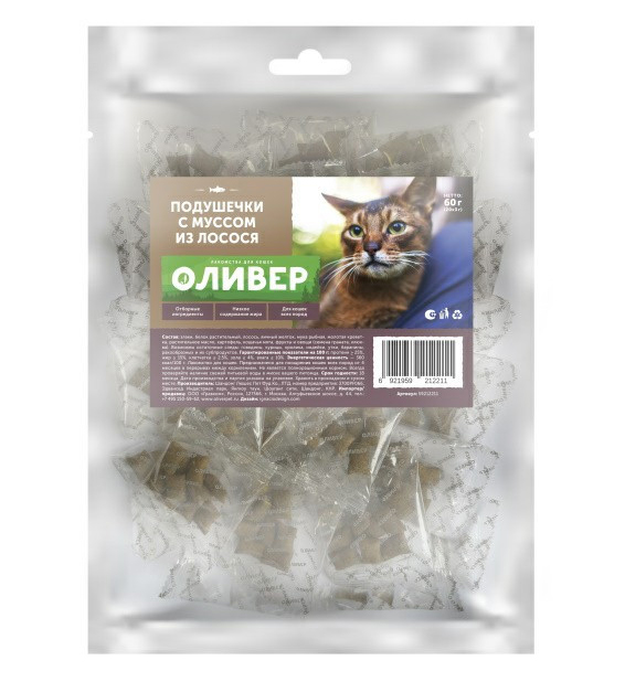 

Лакомство для кошек Оливер подушечки с муссом из лосося, 20 шт x 3 г