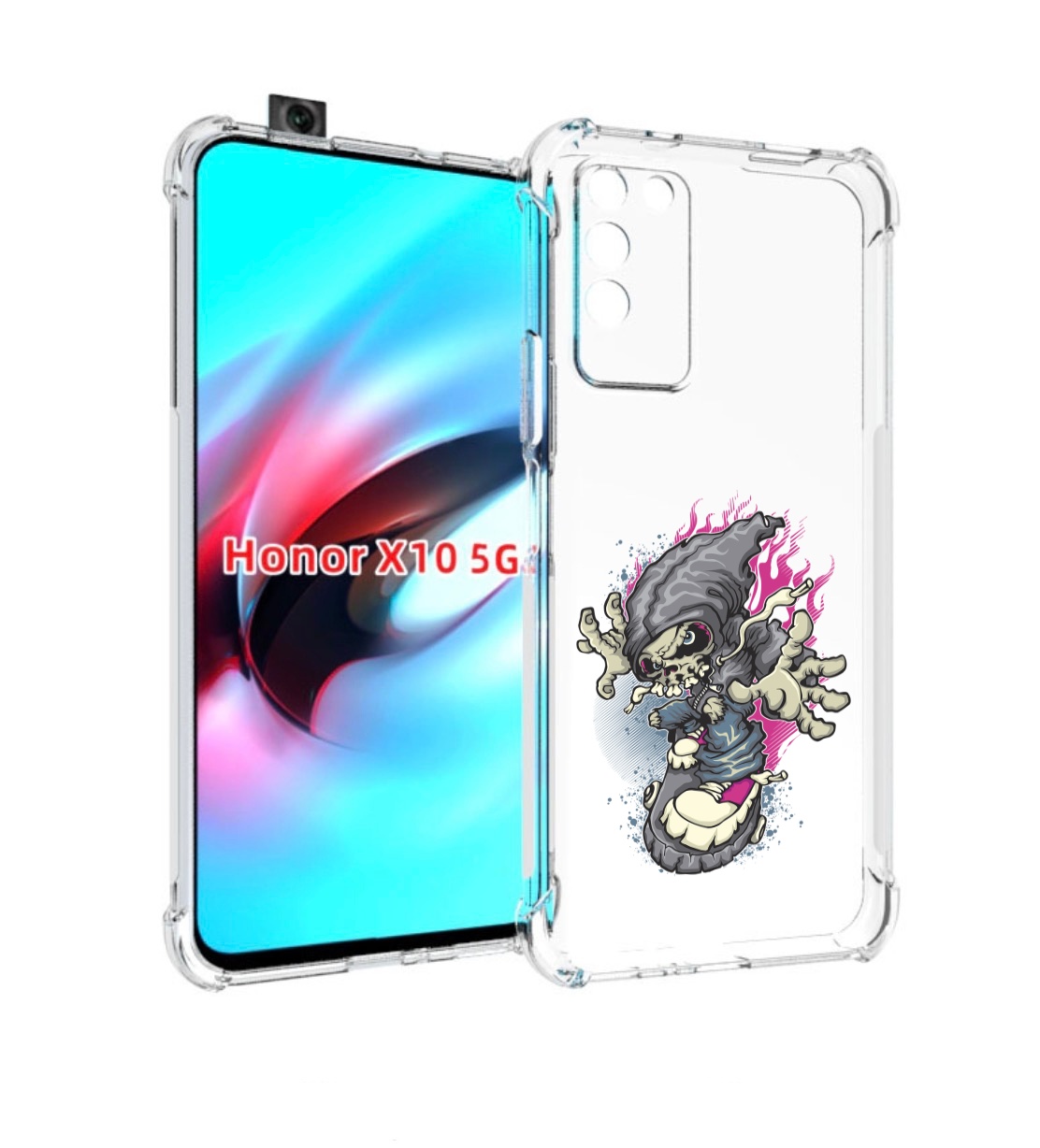 

Чехол MyPads нарисованный скелет на скейт борде для Honor X10, Прозрачный, Tocco