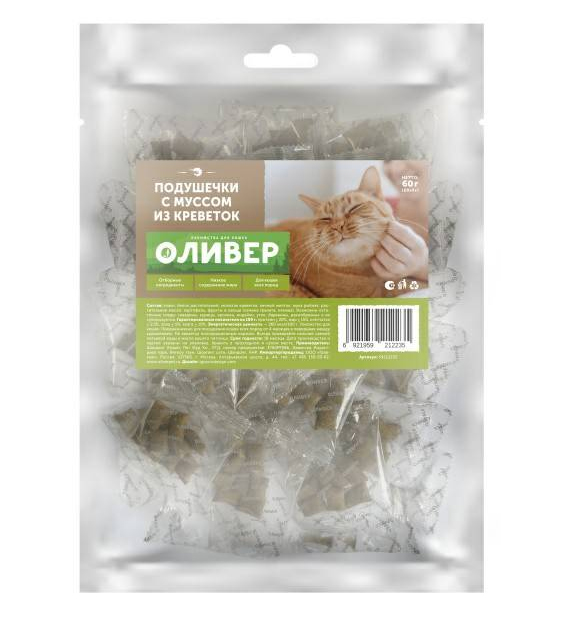 

Лакомство для кошек Оливер подушечки с муссом из креветок, 20 шт x 3 г