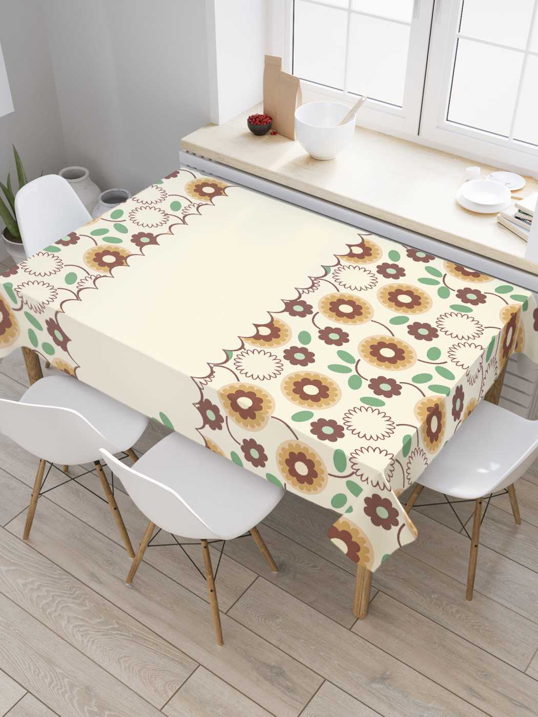 

Скатерть прямоугольная JoyArty "Цветочная занавеска" из сатена, 120x145 см, Бежевый, Цветочная занавеска