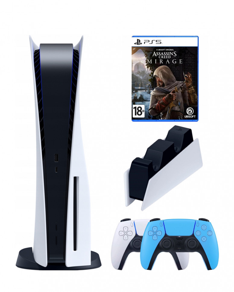 

Приставка Sony PlayStation 5+2-ой геймпад+зарядное(синий)+ Assassin's creed mirage (диск), Белый;черный