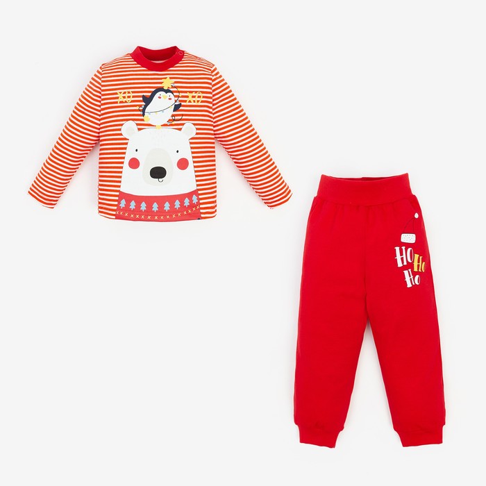 Пижама детская (лонгслив, брюки) Медведь и Пингвин, цвет белый полоска/красный, рост 74 см