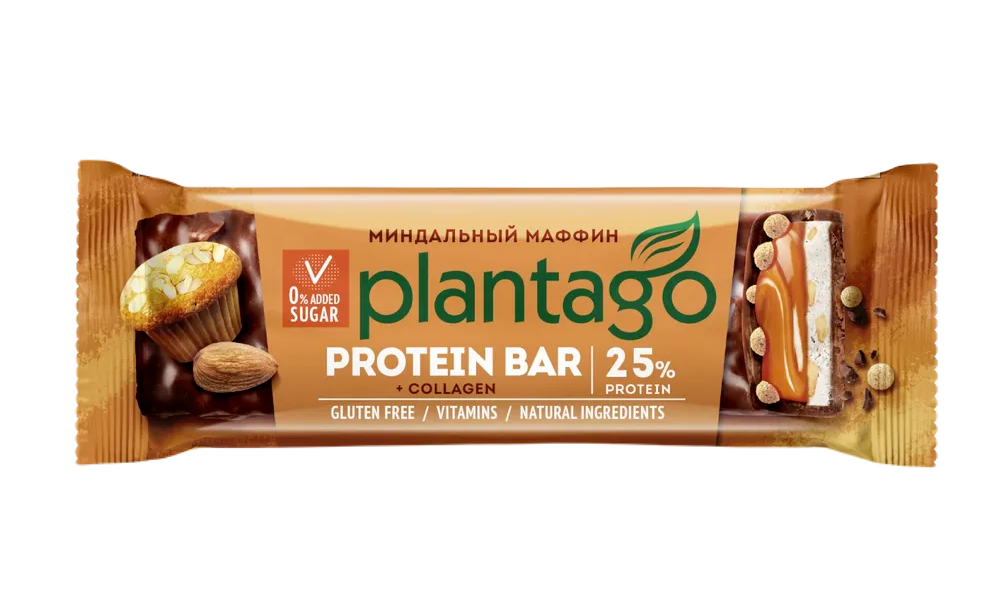 Батончик Plantago Миндальный маффин высокое содержание белка с коллагеном протеин 25% 40 г