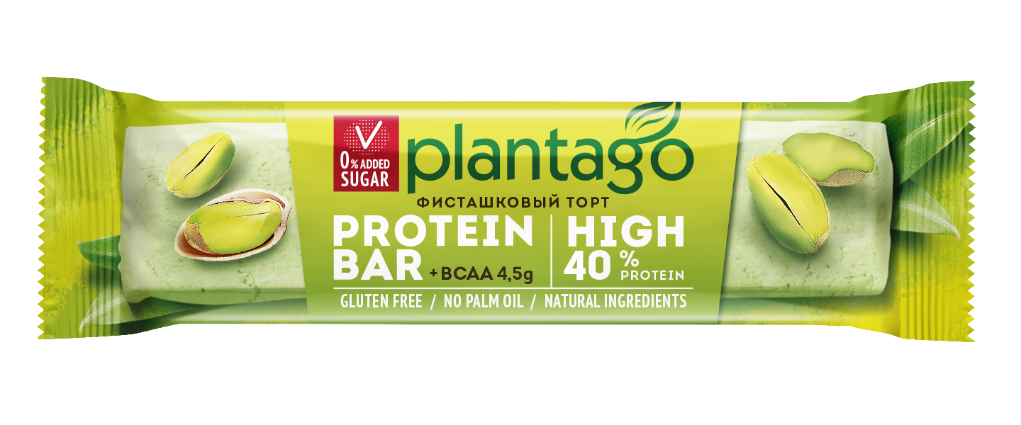 Батончик Plantago Фисташковый торт с высоким содержанием белка, с BCAA, протеин 40%, 50 г