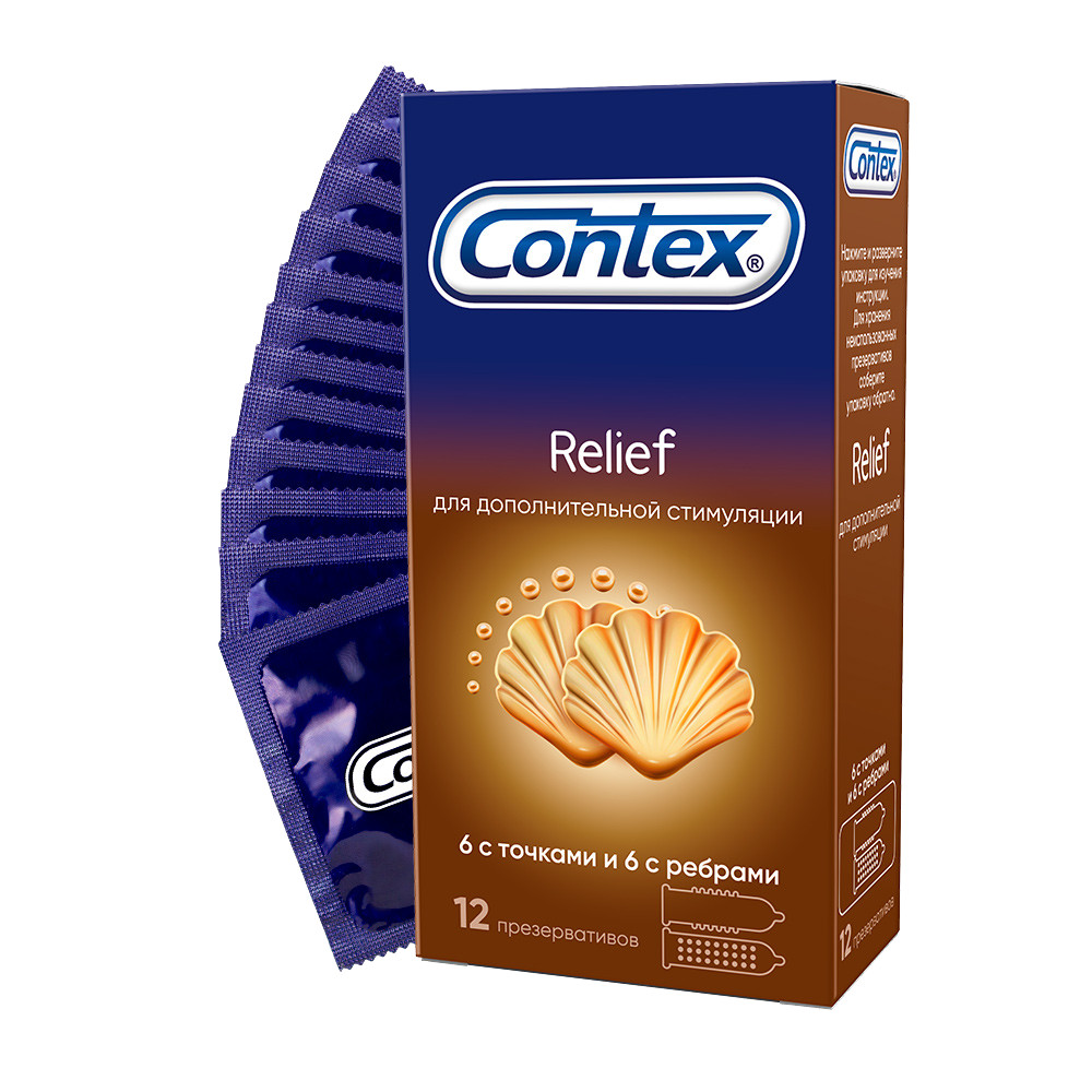 Купить Relief, Презервативы CONTEX elief микс: 6 шт. с точками, 6 шт. с ребрами 12 шт., прозрачный, латекс