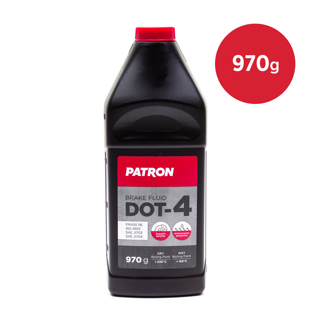Тормозная жидкость PATRON DOT-4 синтетическая 970 гр. для автомобилей с ABS, ESP, ASR, DSC