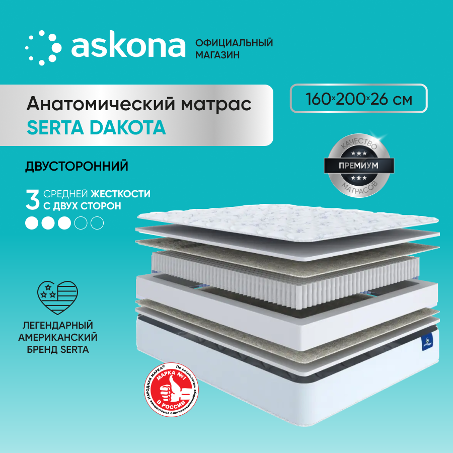 

Матрас анатомический Askona (Аскона) Serta Dakota 160х200, Белый, Serta Dakota