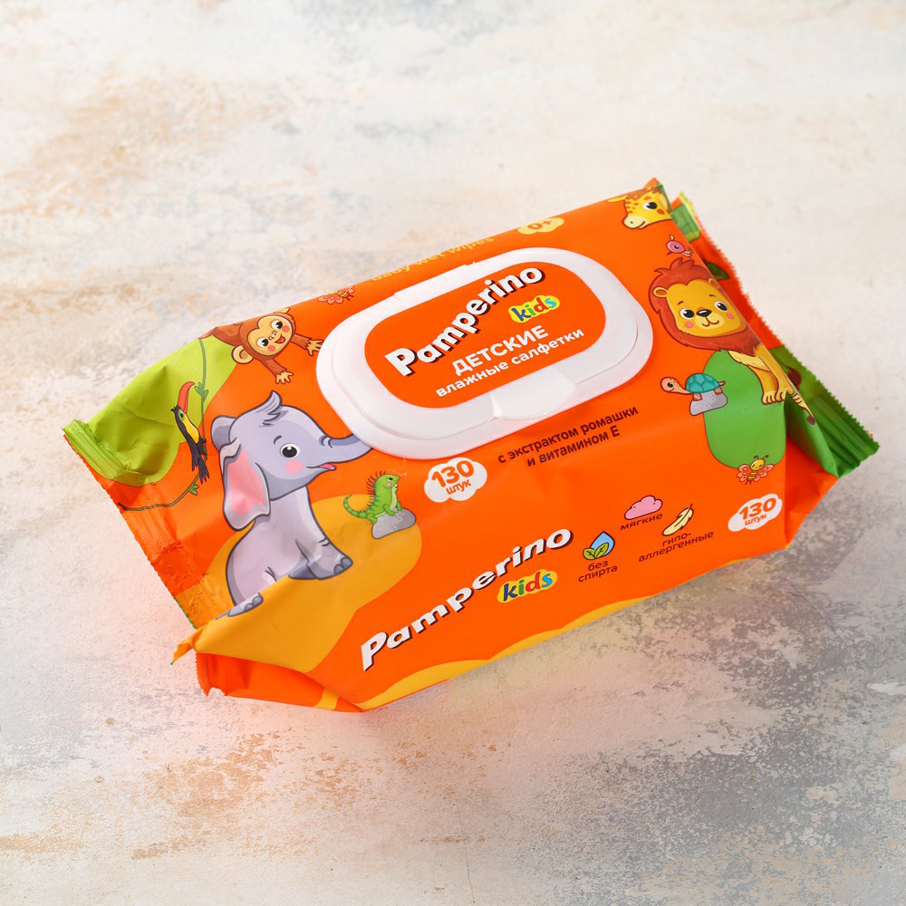 Салфетки влажные Pamperino Kids с ромашкой и витамином Е, с клапаном, 130 шт.