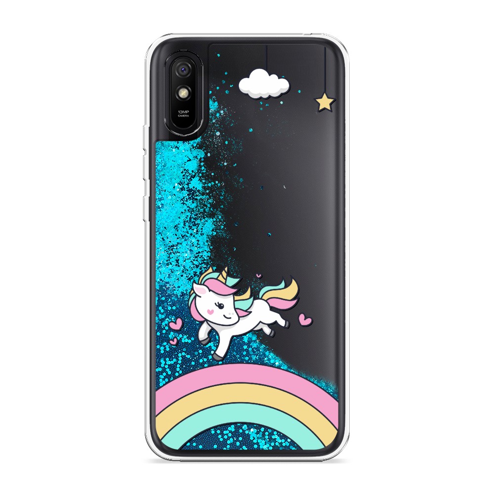 

Жидкий чехол с блестками "Единорог на радуге" на Xiaomi Redmi 9A, 38993-1