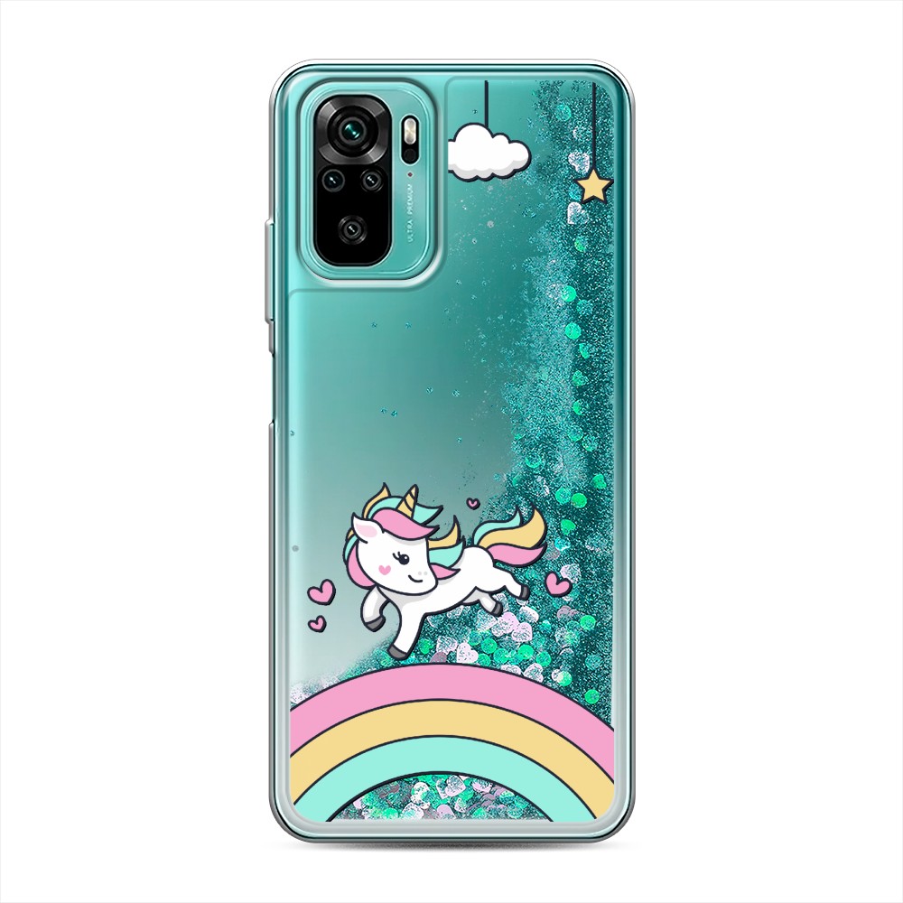 

Жидкий чехол с блестками "Единорог на радуге" на Xiaomi Redmi Note 10