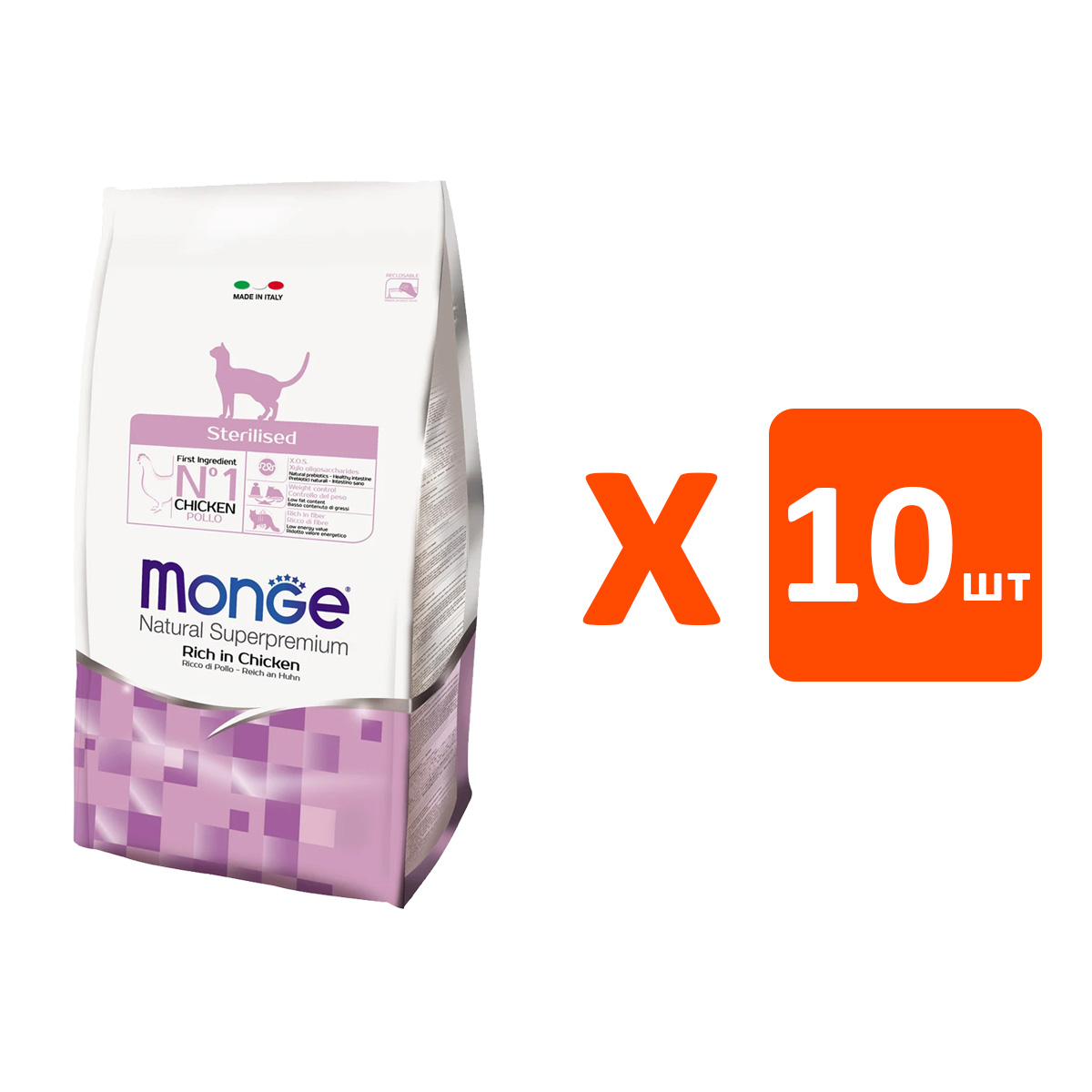 

Сухой корм для кошек Monge Sterilised Chicken, с курицей, 10 шт по 0,4 кг