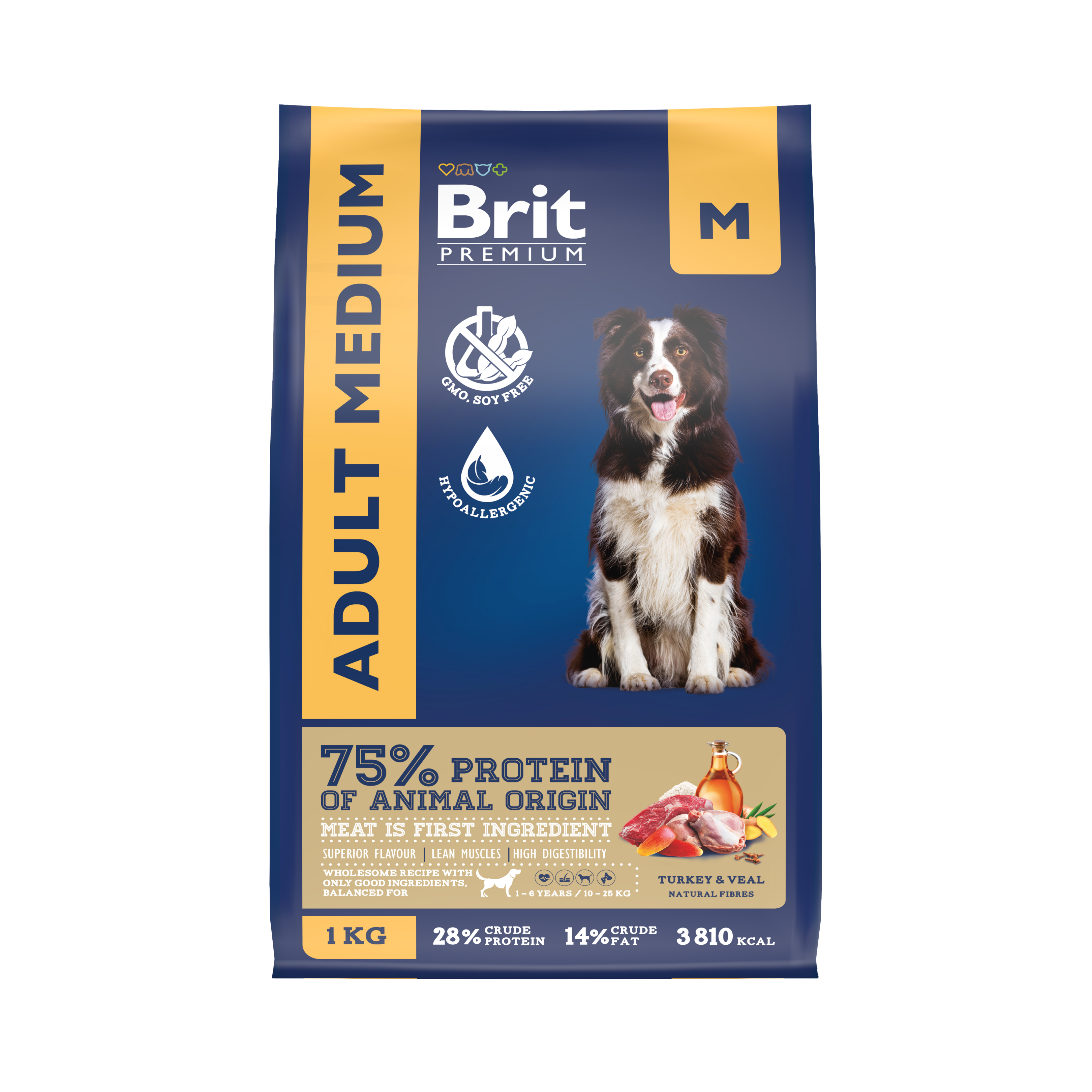 Сухой корм для средних собак Brit Premium Dog Medium с индейкой и телятиной, 1 кг