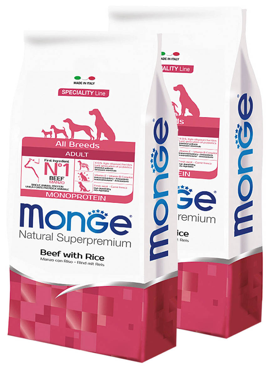

Сухой корм для взрослых собак Monge Speciality говядина и рис, 2 шт по 2,5 кг