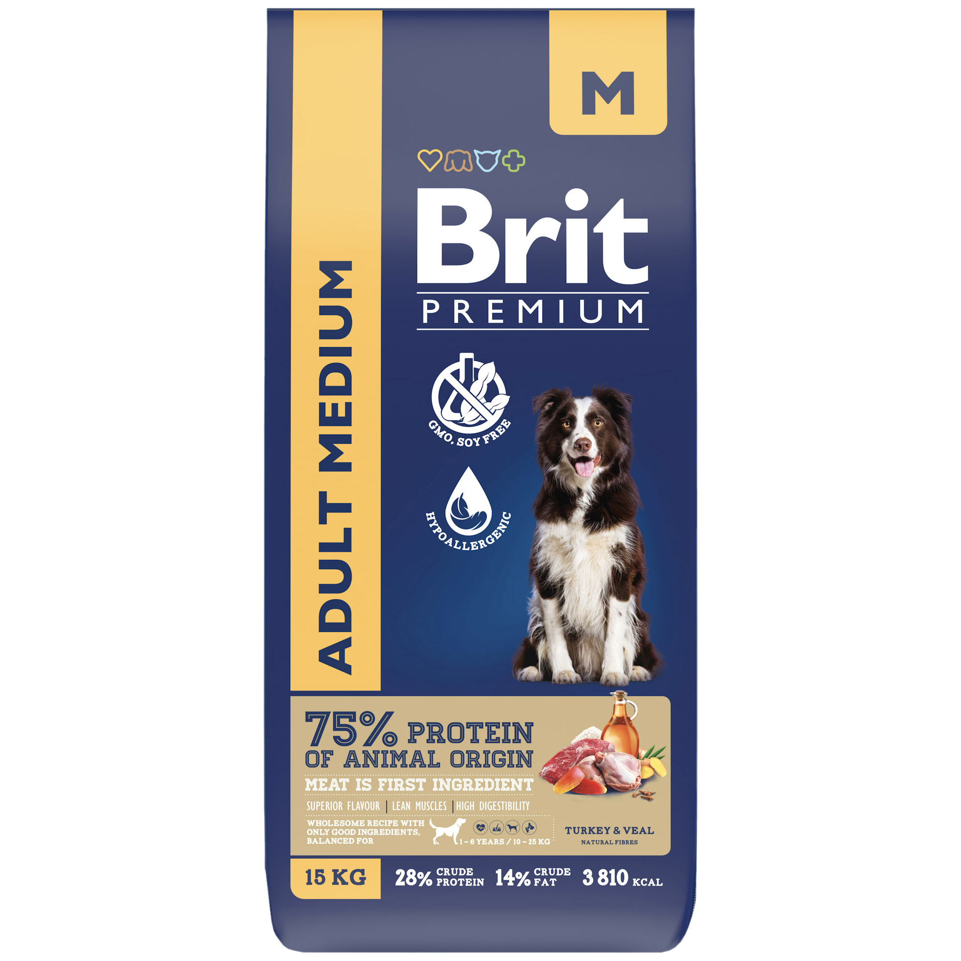 Сухой корм для средних собак Brit Premium Dog Medium с индейкой и телятиной, 15 кг