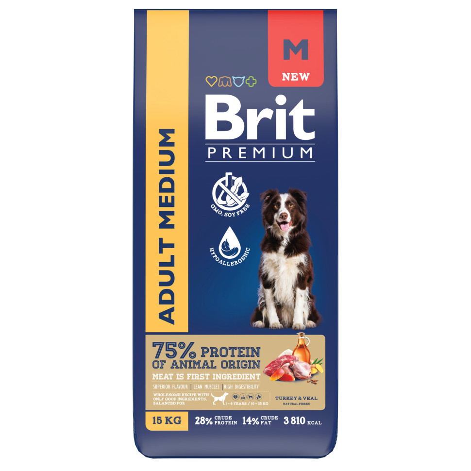 фото Сухой корм для средних собак brit premium dog medium с индейкой и телятиной, 15 кг