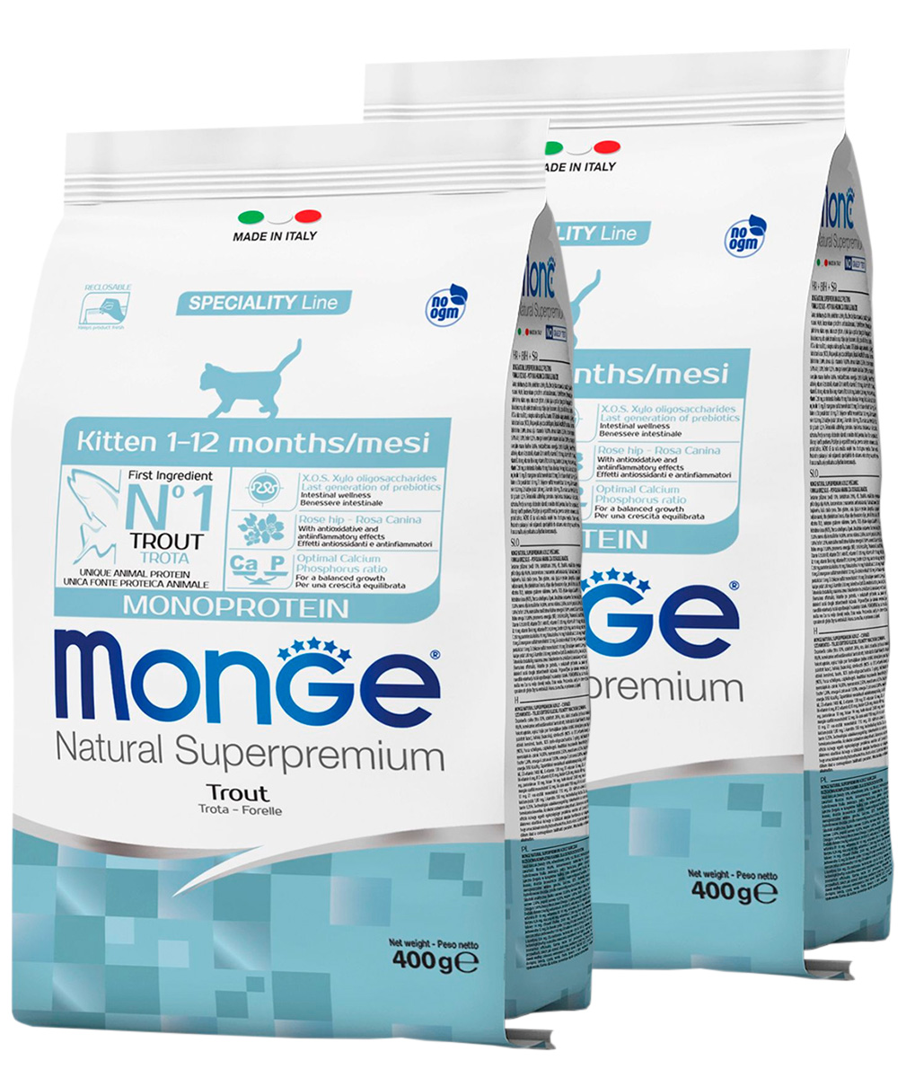 

Сухой корм для котят Monge Speciality Monoprotein Kitten Trout с форелью, 2шт по 400г