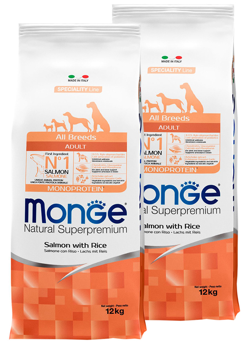 

MONGE MONGE SPECIALITY DOG SALMON для взрослых собак всех пород с лососем и рисом (12 + 12