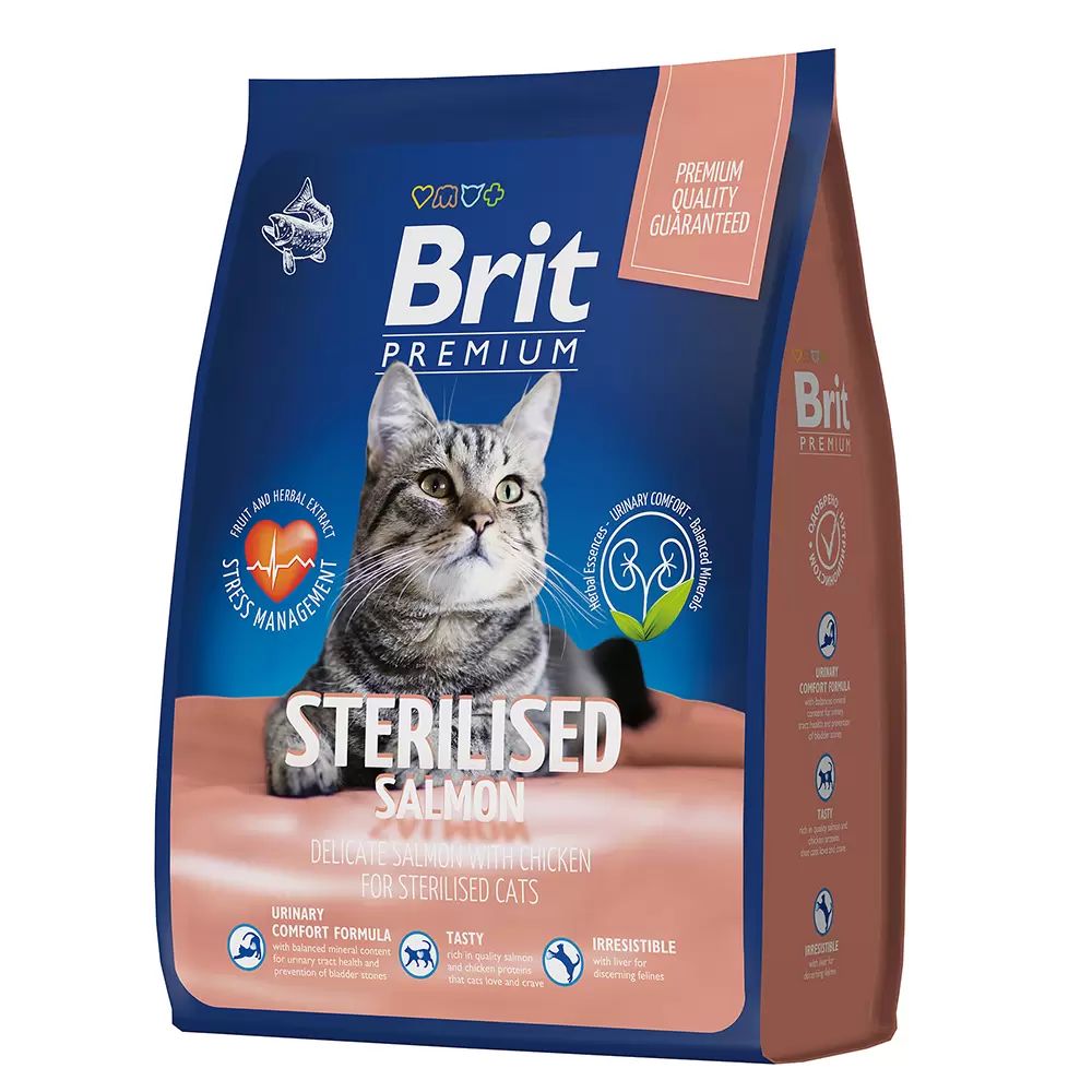 Сухой корм для кошек Brit Premium Cat Sterilized Salmon & Chicken, лосось и курица, 2 кг