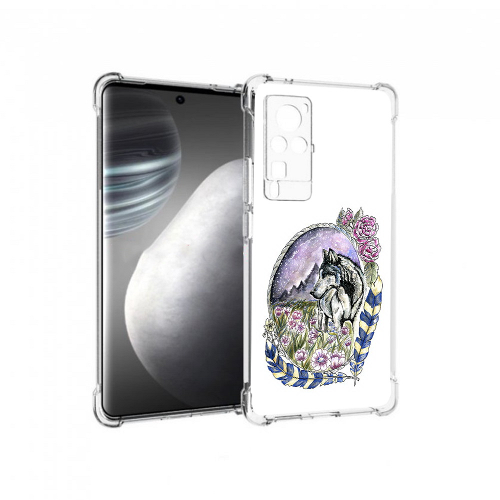 

Чехол MyPads Tocco для Vivo X60 pro нарисованный волк в цветах с перьями, Прозрачный, Tocco