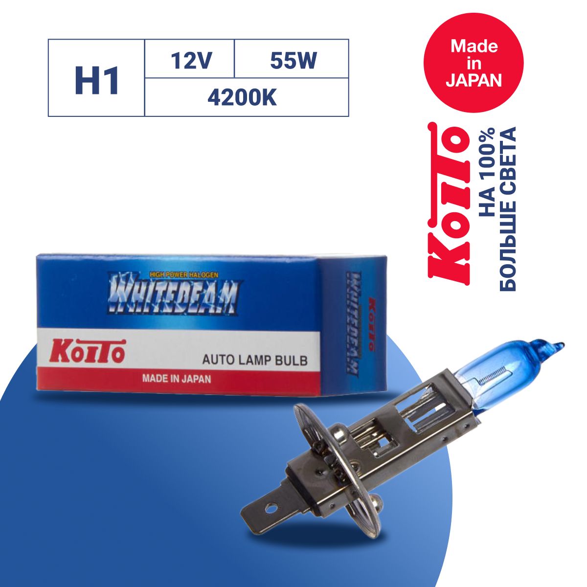 

Лампа высокотемпературная Koito Whitebeam H1 12V 55W (100W) 4200K (уп. 1 шт.) арт. 0751W, Whitebeam