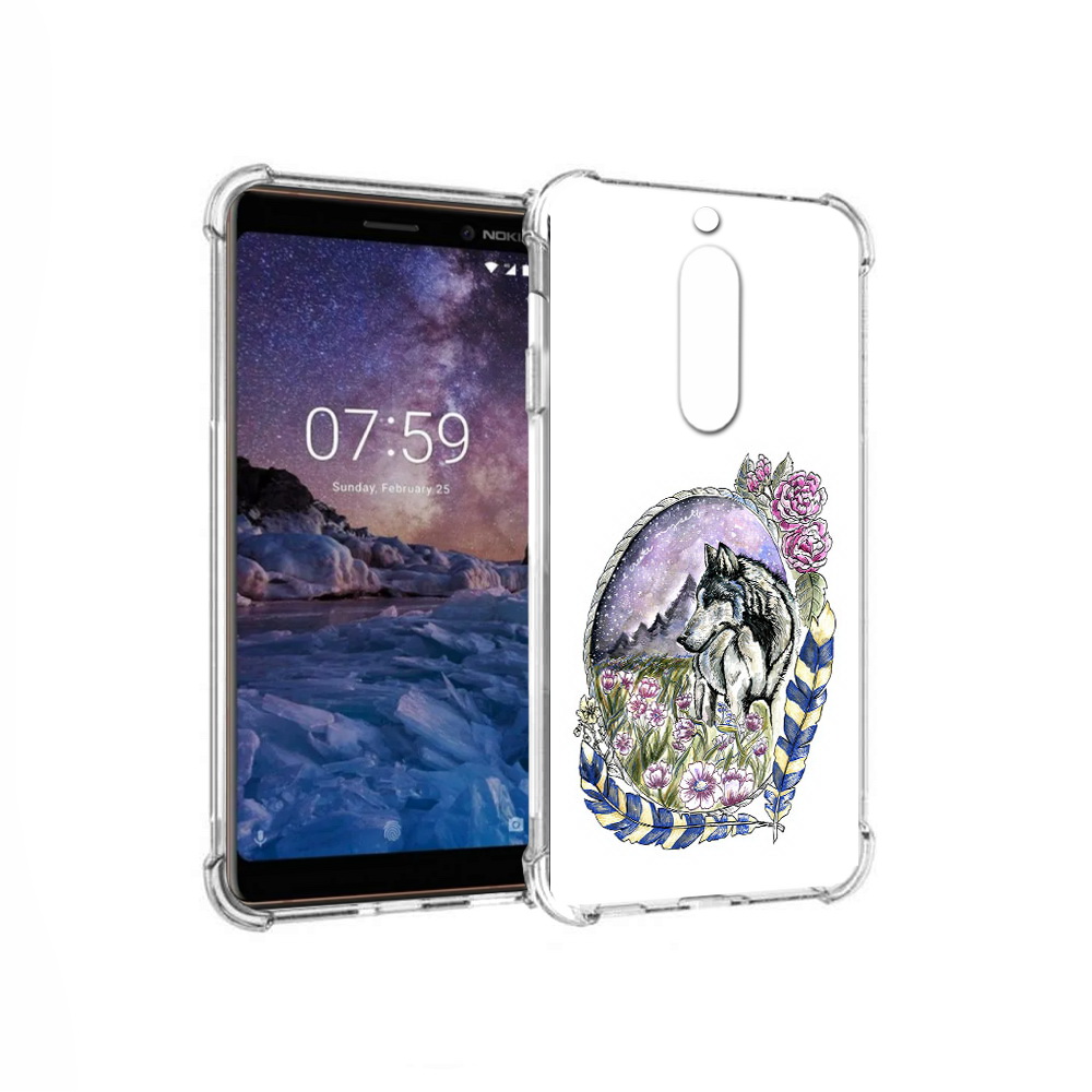 

Чехол MyPads Tocco для Nokia 7 нарисованный волк в цветах с перьями (PT95887.123.509), Прозрачный, Tocco