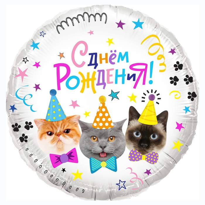 

Шар фольгированный 18" С днём рождения! Котики, круг, в упаковке, Белый