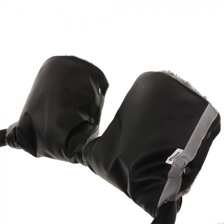 фото Pituso муфта-варежки на коляску шерстяной мех (серый) + экокожа черный