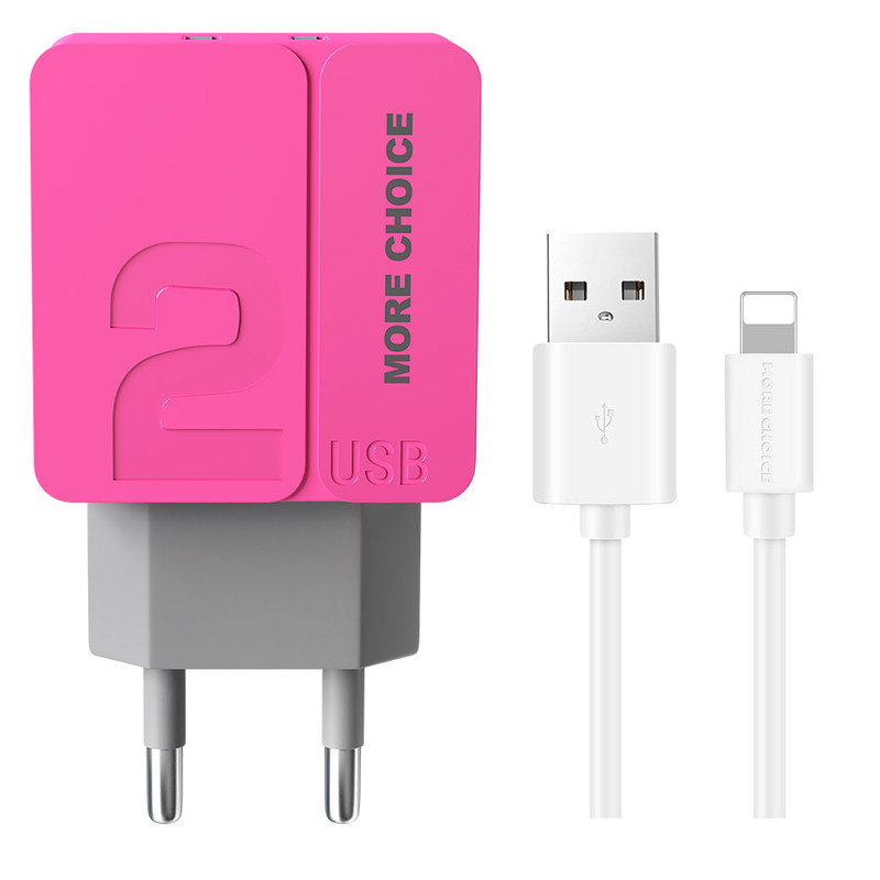 Сетевое зарядное устройство 2USB 2.4A для Lightning 8-pin More choice NC46i 1м Pink