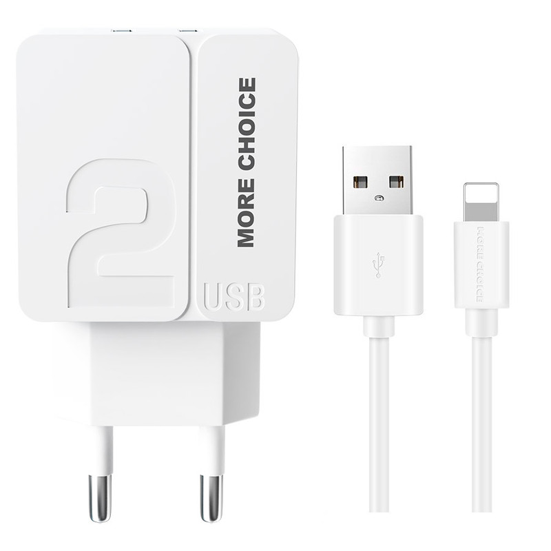 Сетевое зарядное устройство 2USB 2.4A для Lightning 8-pin More choice NC46i 1м White White