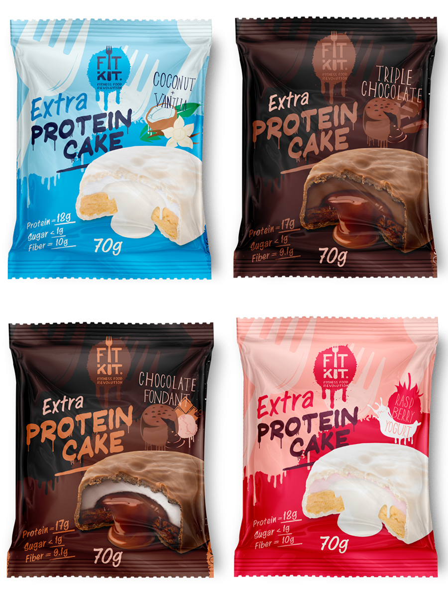

Протеиновое печенье Fit Kit protein cake, 4шт по 70г (кокос, малина, шоколад, фондан), Protein Cake EXTRA