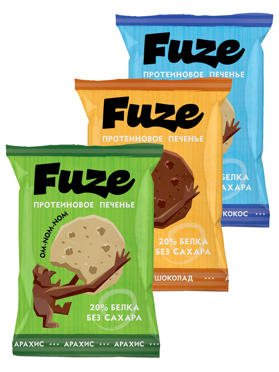 

Протеиновое печенье Fuze Cookies, Ассорти 3шт по 40г (Апельсин, Арахис, Кокос), Protein Cookies