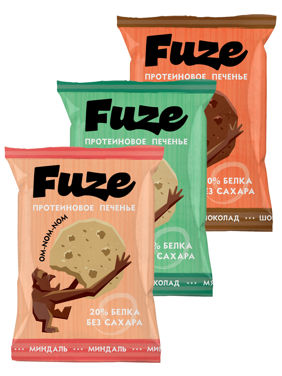 фото Протеиновое печенье fuze cookies, ассорти 3шт по 40г (миндаль, мята, шоколад) 4uze