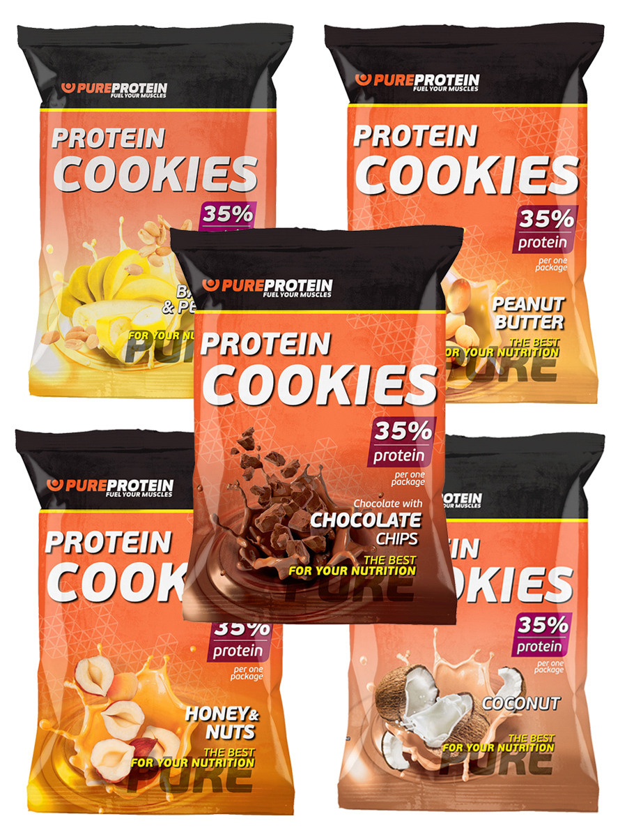 фото Высокобелковое печенье pureprotein, protein cookies, ассорти 5шт по 80г