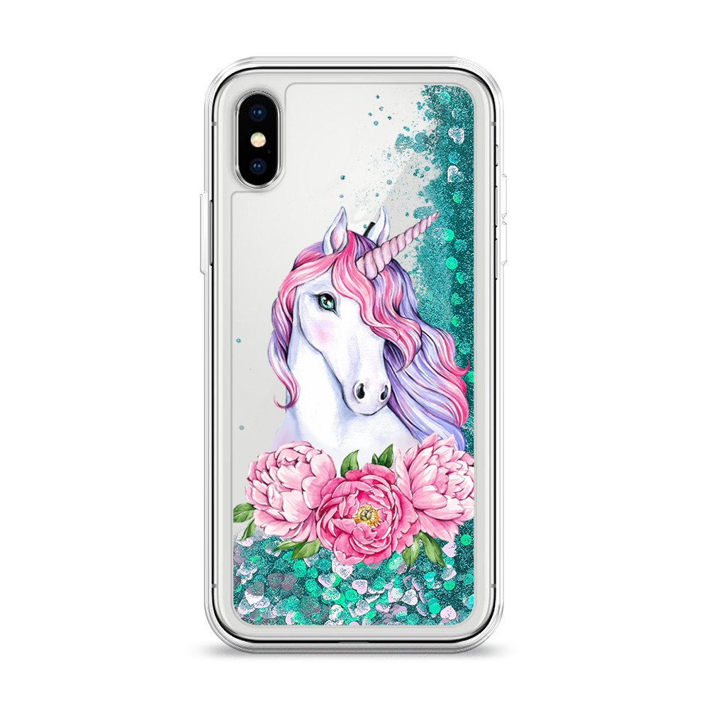 

Жидкий чехол с блестками "Единорог с пионами" на Apple iPhone X (10), 11095-1