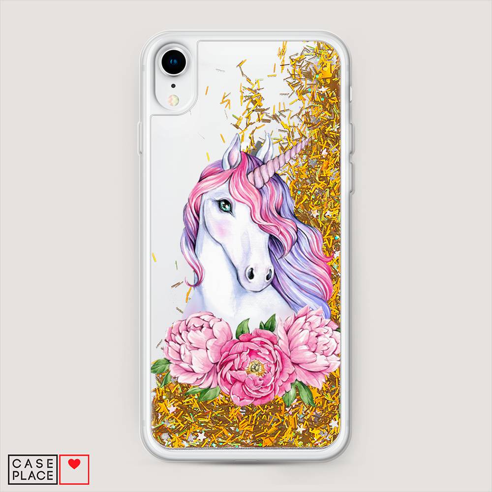 

Жидкий чехол с блестками "Единорог с пионами" на Apple iPhone XR (10R), 12090-1