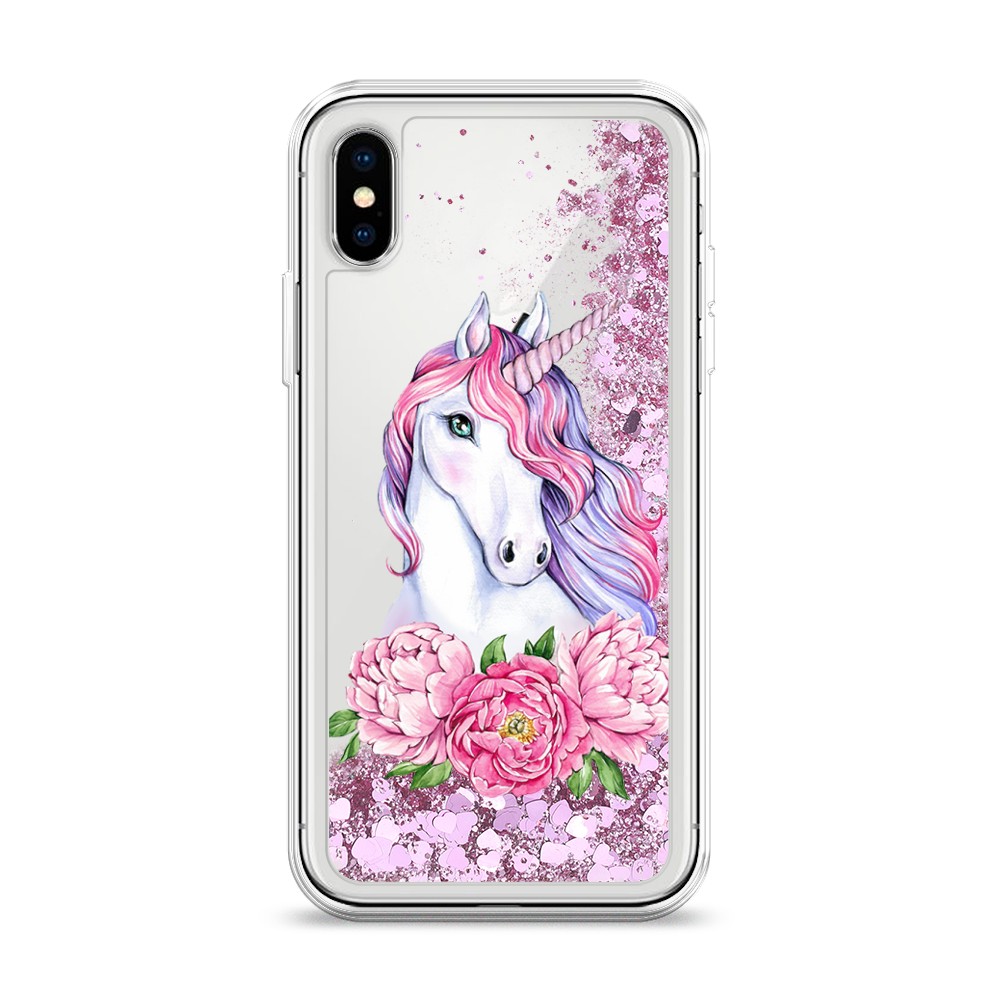 

Жидкий чехол с блестками "Единорог с пионами" на Apple iPhone XS (10S), 11894-1