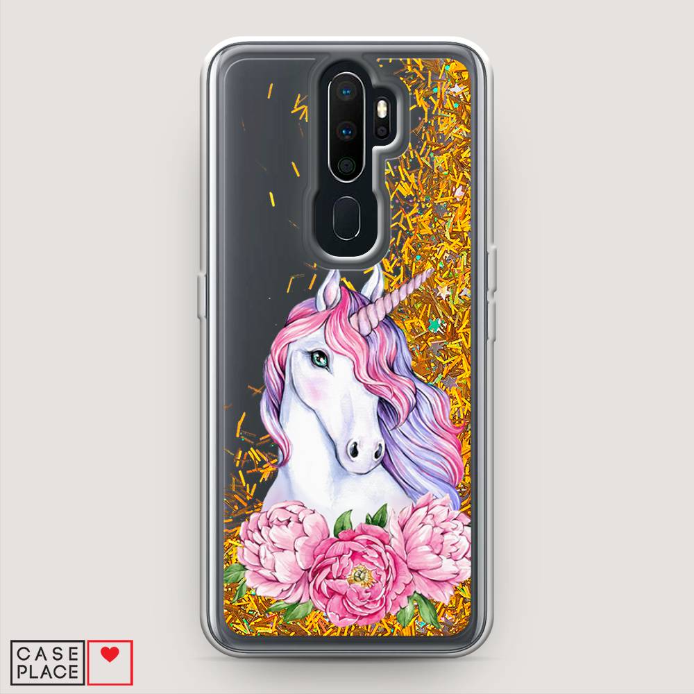 

Жидкий чехол с блестками "Единорог с пионами" на Oppo A9 (2020), 251990-1