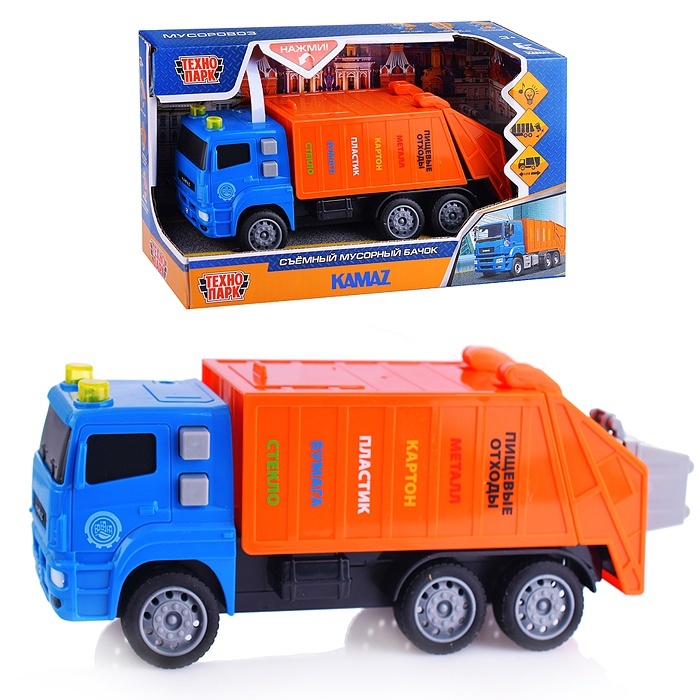 

Технопарк пластик, Kamaz Мусоровоз 17 см, свет, звук, бачок, Оранжевый;синий