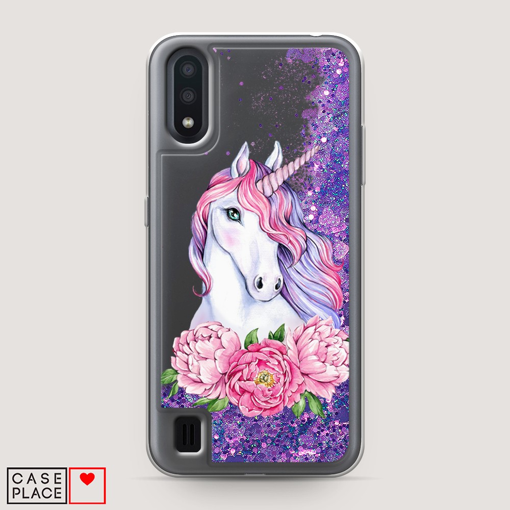 

Жидкий чехол с блестками "Единорог с пионами" на Samsung Galaxy A01, 29592-1