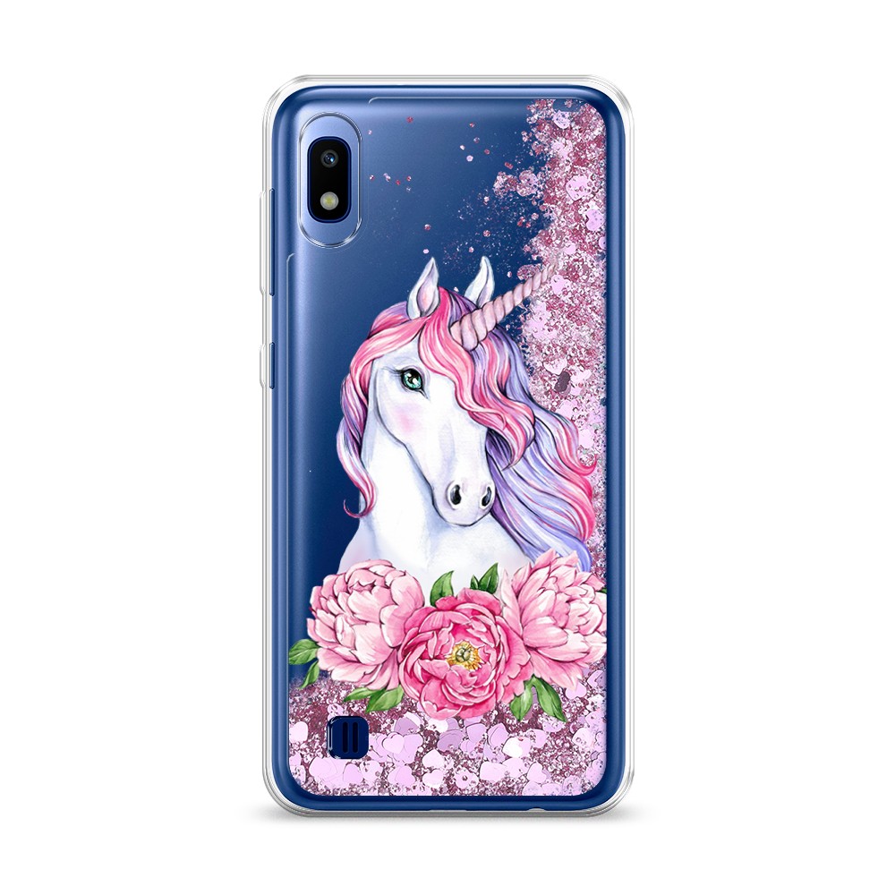 

Жидкий чехол с блестками "Единорог с пионами" на Samsung Galaxy A10, 27994-1