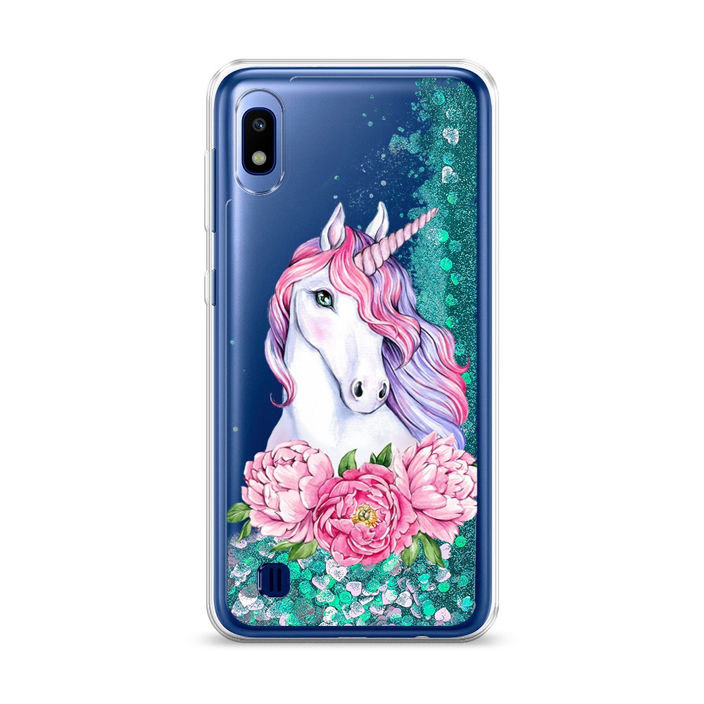 

Жидкий чехол с блестками "Единорог с пионами" на Samsung Galaxy A10
